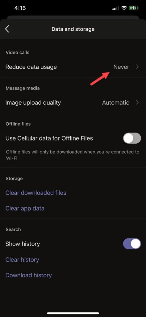 reduce data usage on Teams mobile client